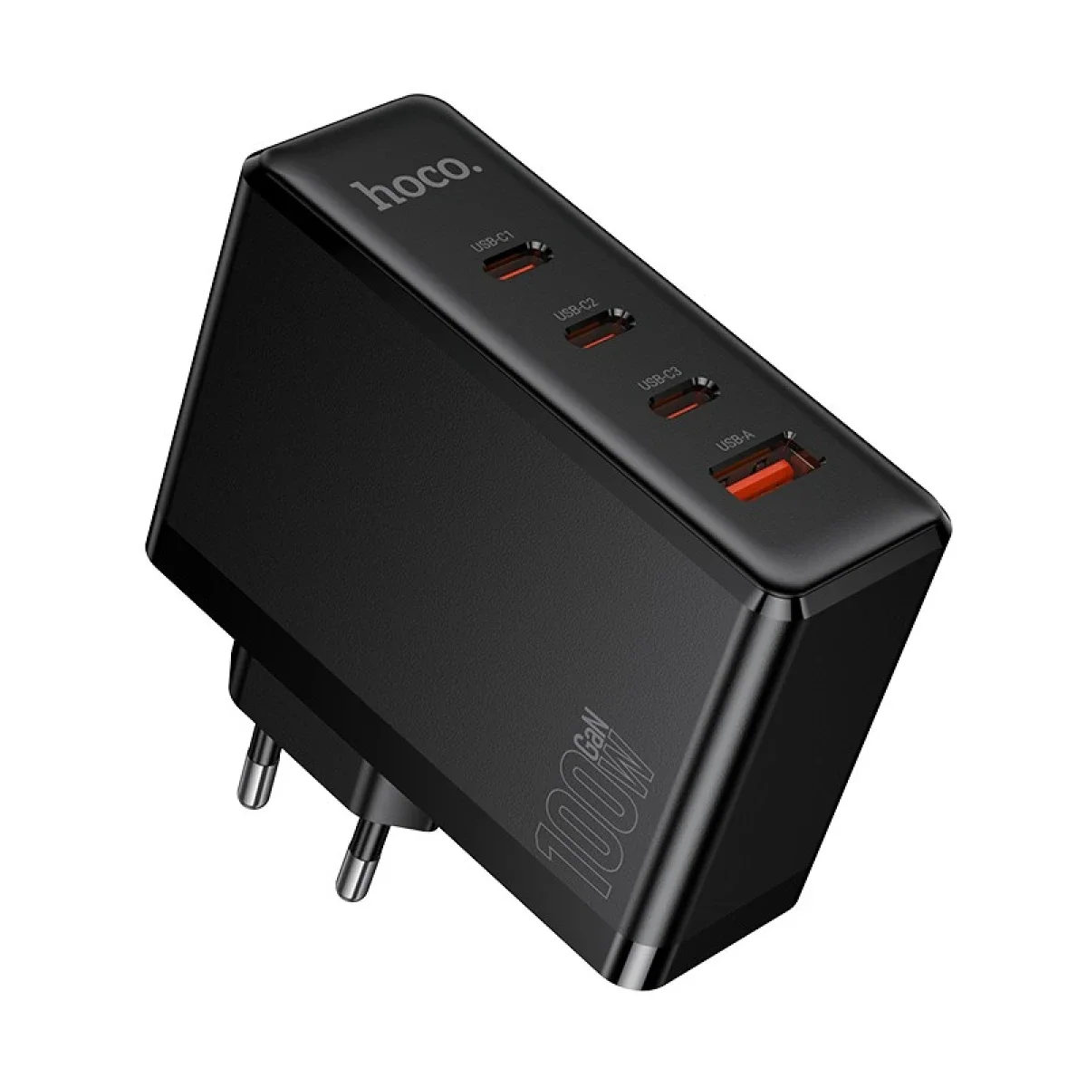 شاحن جداري HOCO N85 Vigoroso GaN سريع 100 واط بأربعة منافذ مع كابل USB-C بطول 2 م - أسود - Image 2