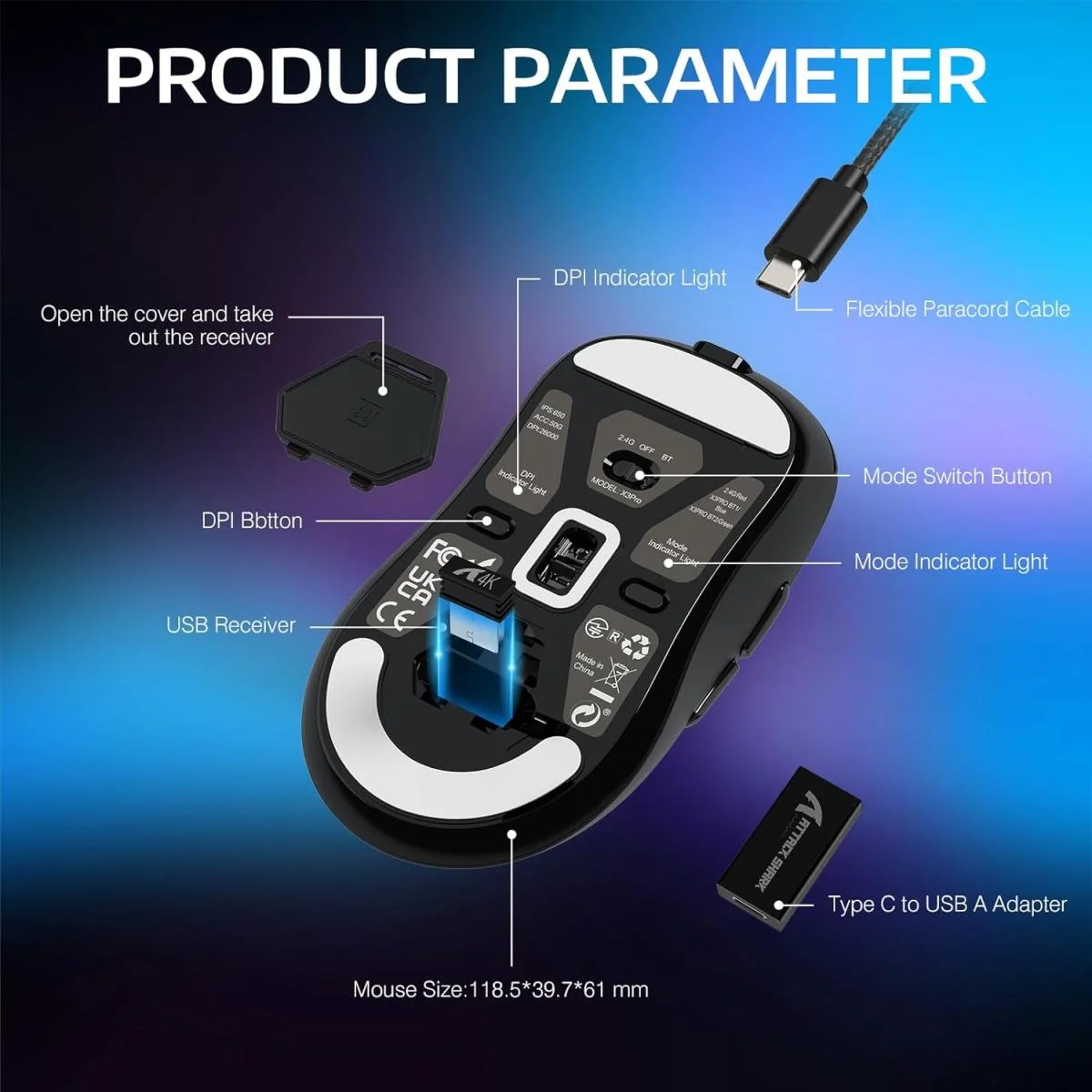 ATTACK SHARK X3PRO 4K/8K Tri-Mode Wireless Gaming Mouse, 26K DPI, 7 Buttons - Image 4