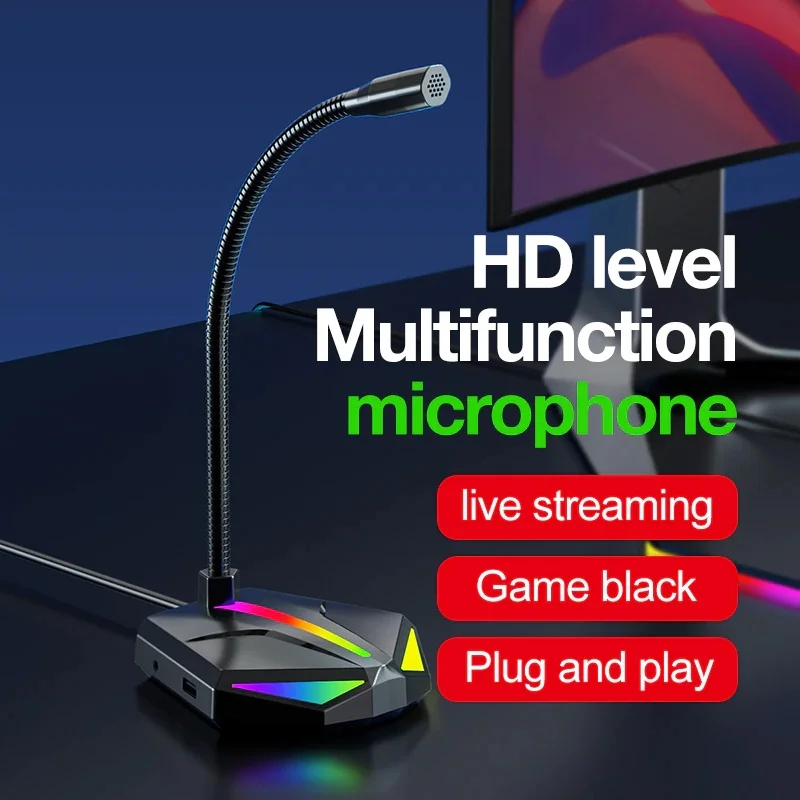 مايكروفون مكتبي H1 USB بإضاءة RGB وموزع USB بثلاثة منافذ ومخرج AUX 3.5 مم - Image 10