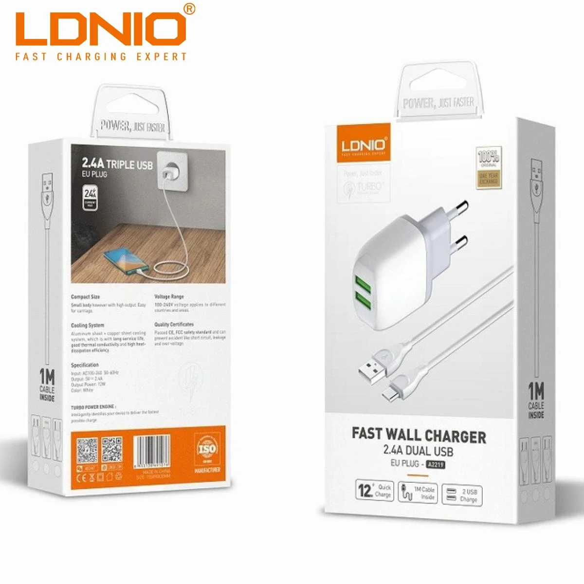 LDNIO A2219 2.4A Dual USB Wall Charger with EU Plug