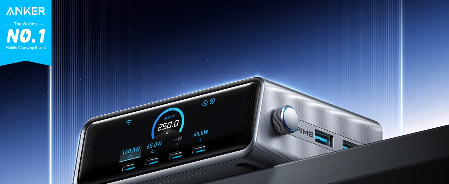 محطة شحن مكتبية Anker Prime بقدرة 250 واط GaN، 6 منافذ، شاشة LCD، فضي - Thumbnail 7