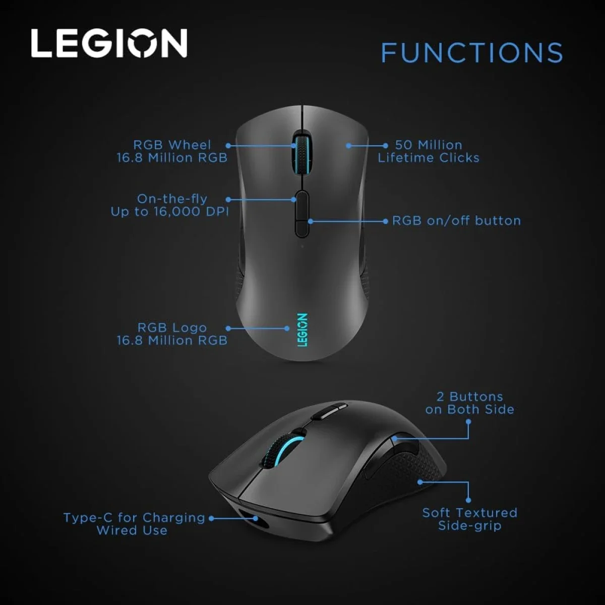 Lenovo Legion M600 Wireless Gaming Mouse - Iron Grey and Black - Image 4