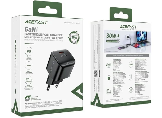 شاحن جداري ACEFAST A77 Mini بقدرة 30 واط GaN USB-C PD، قابس أوروبي - أسود - Thumbnail 7
