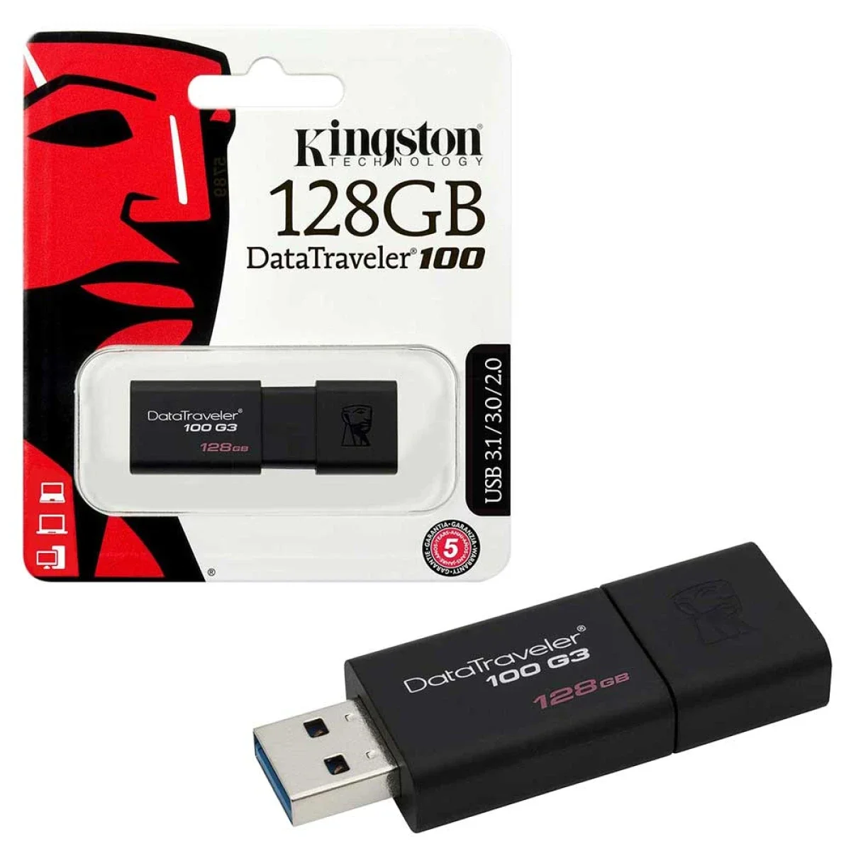فلاش USB Kingston DataTraveler DT100 G3 بسعة 128GB وUSB 3.0