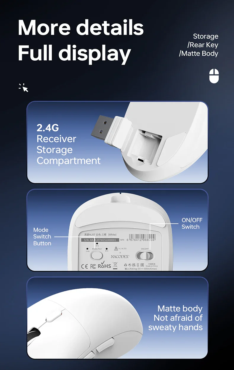 ماوس ألعاب AJAZZ NJ07 ثلاثي الاتصال، 12000 DPI، 1000Hz، بطارية 300mAh، أبيض - Image 9