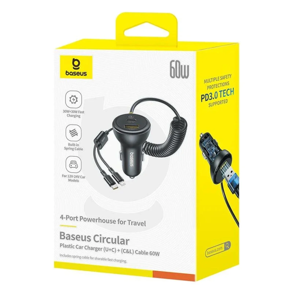 Baseus Circular 60W Car Charger with USB-C & Lightning Cables, USB-A & USB-C, Black - Image 6