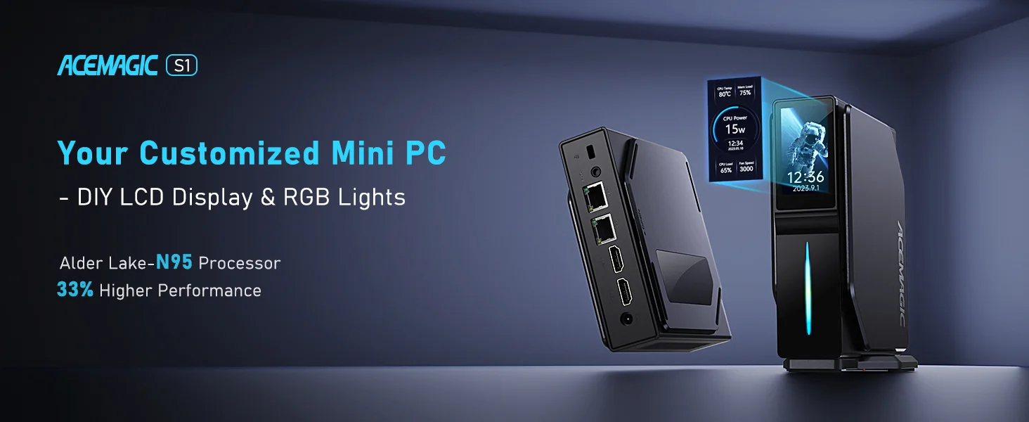 كمبيوتر صغير ACEMAGIC S1 Barebone بمعالج Intel N95 رباعي النواة ودعم عرض مزدوج 4K ومنفذي LAN لون أسود - Thumbnail 7