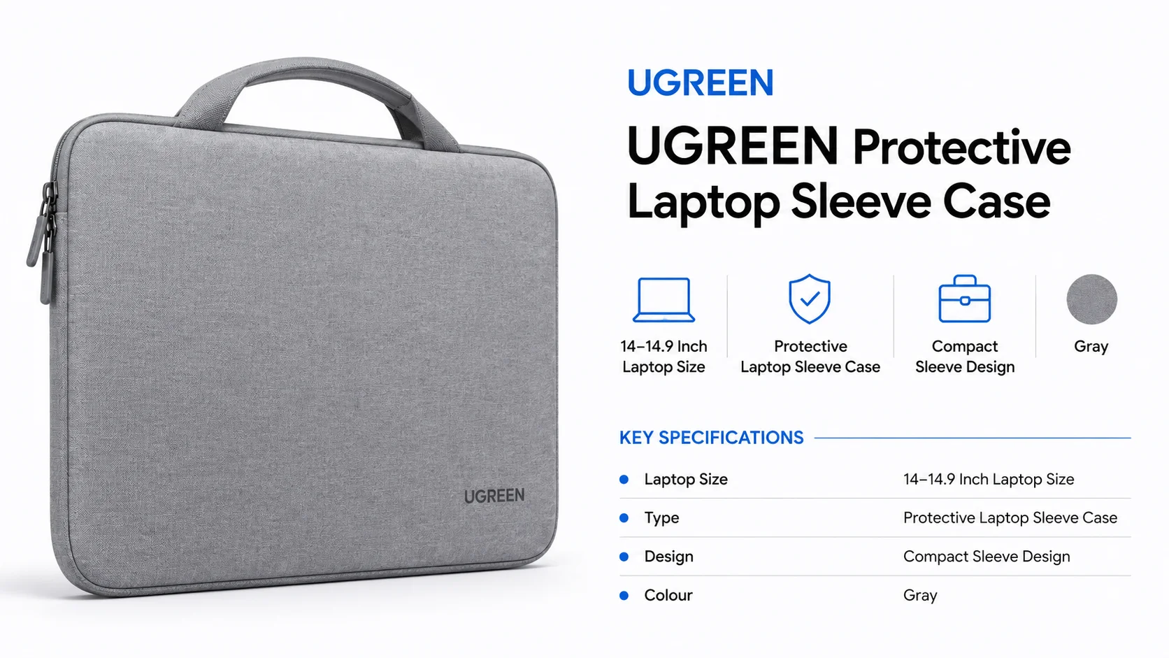 Ugreen 80878 Protective Laptop Sleeve Case for 14–14.9 Inch Laptops - Gray - Image 5