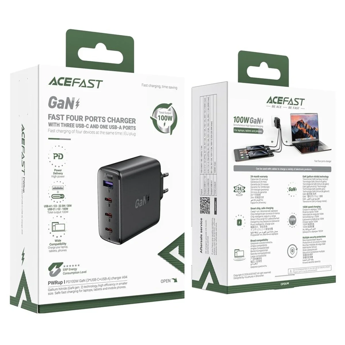 شاحن جداري ACEFAST A94 بقوة 100 واط GaN وPD مع 3 منافذ USB-C ومنفذ USB-A، قابس أوروبي، أسود