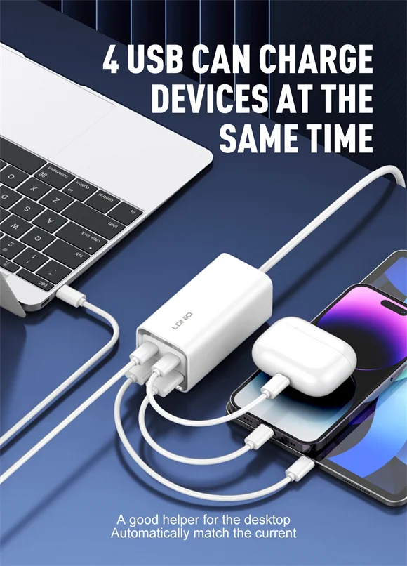 شاحن LDNIO A4610C سريع 65 واط بأربعة منافذ USB وUSB-C - أبيض - Thumbnail 6