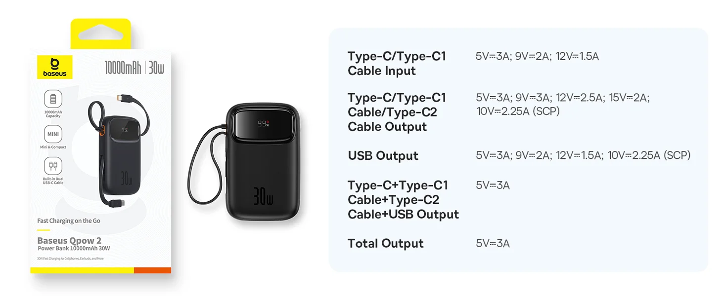 Baseus QPow2 10000mAh 30W Fast Charge Power Bank with Built-in Dual Type-C Cables - Black - Thumbnail 20
