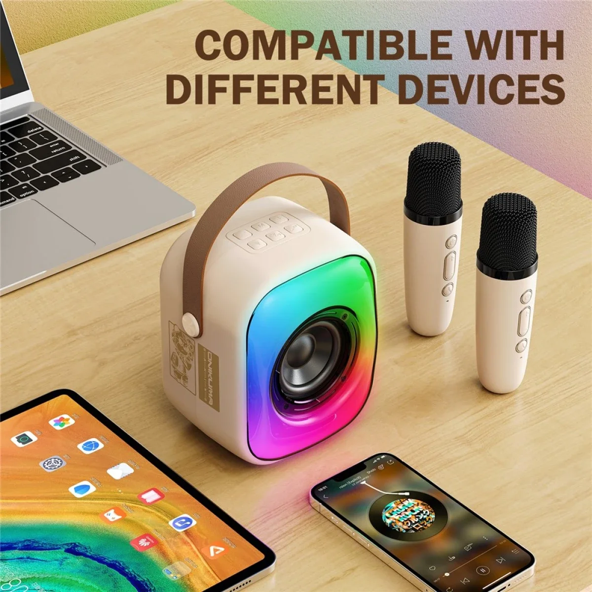 ONIKUMA L7 RGB Bluetooth Karaoke Speaker with 2 Microphones - Beige - Image 6