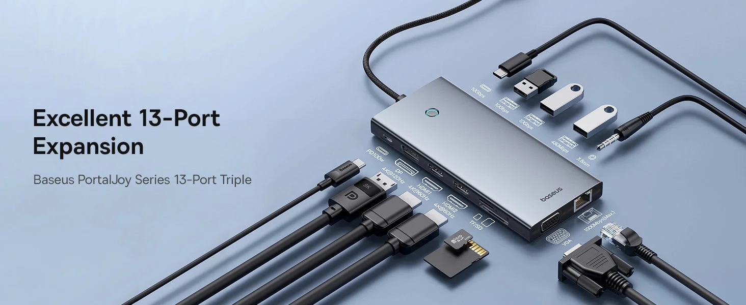 Baseus PortalJoy Series 13-Port USB-C Hub with Dual HDMI 4K@60Hz, DP 4K@120Hz, VGA, RJ45, SD/TF and 100W PD - Space Grey - Image 9
