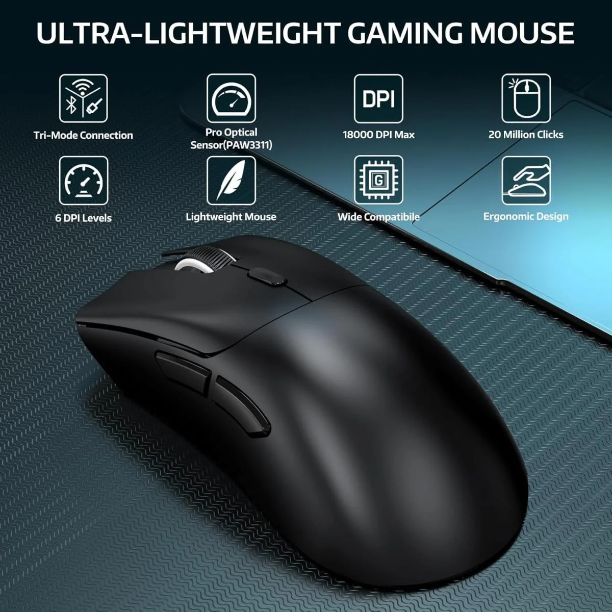 ماوس ألعاب لاسلكي ATTACK SHARK R1 ثلاثي الاتصال 18K DPI بوزن 55 جم أسود - Image 3