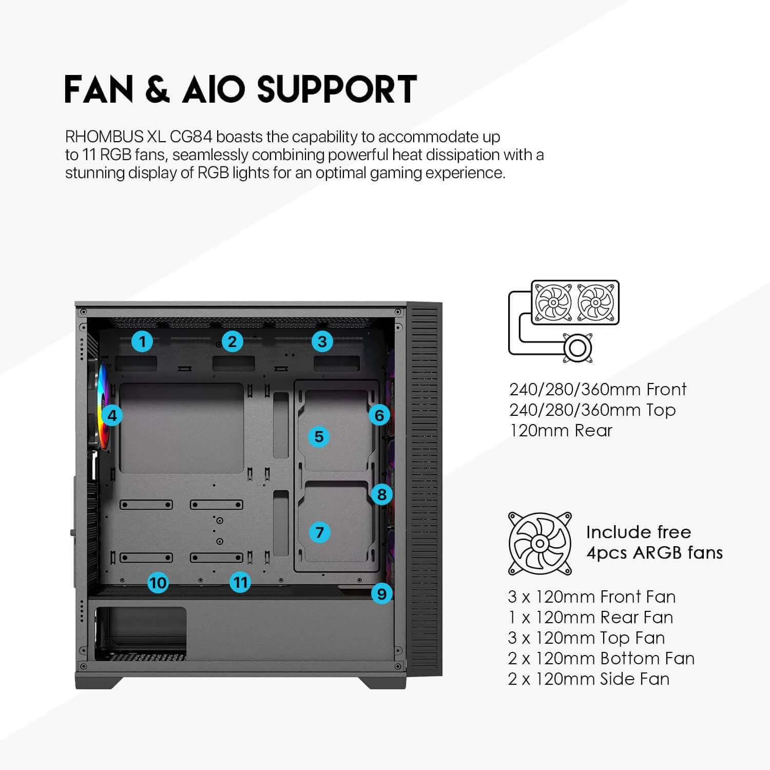 صندوق كمبيوتر Fantech RHOMBUS XL CG84 ميد تاور مع 4 مراوح ARGB - أسود - Thumbnail 8