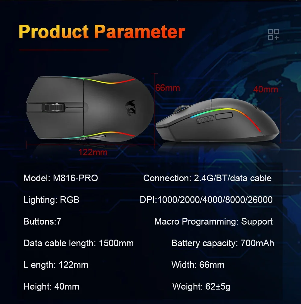 ماوس ألعاب Redragon Deicide M816 Pro لاسلكي ثلاثي الوضع، 26000 DPI، 61g، أسود - Thumbnail 18
