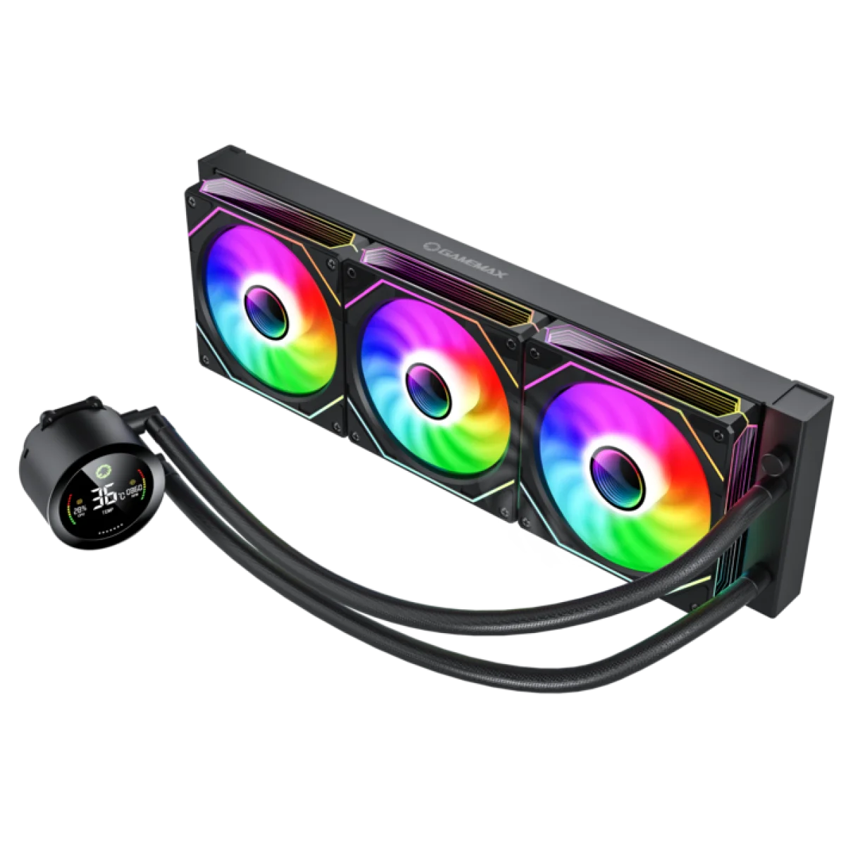 مبرد معالج سائل GameMax IceBurg 360 Digital BK مقاس 360 مم، قدرة تبريد 290 واط، شاشة رقمية، 3 مراوح ARGB PWM، أسود، كفالة سنة - Image 2