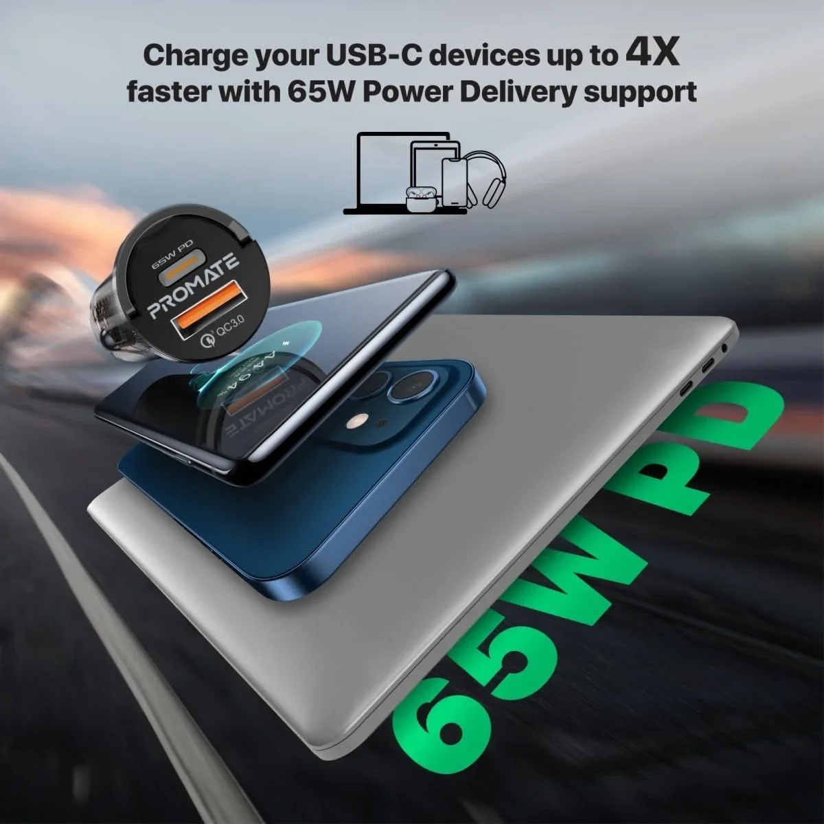 شاحن موبايل للسيارة Promate TransDrive-65W شفاف بقدرة 65 واط مع USB-C PD وUSB-A QC 3.0 - Image 2