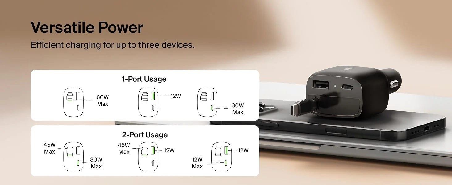 Belkin 75W USB-C Car Charger with 30in Retractable USB-C Cable - Black - Thumbnail 12