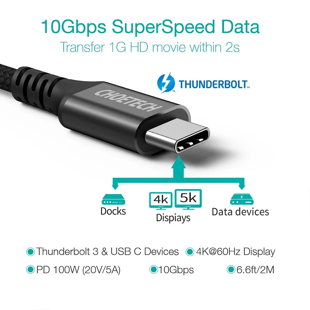 Choetech XCC-1007 USB-C to USB-C Cable 2m 100W 20V 5A - Thumbnail 2