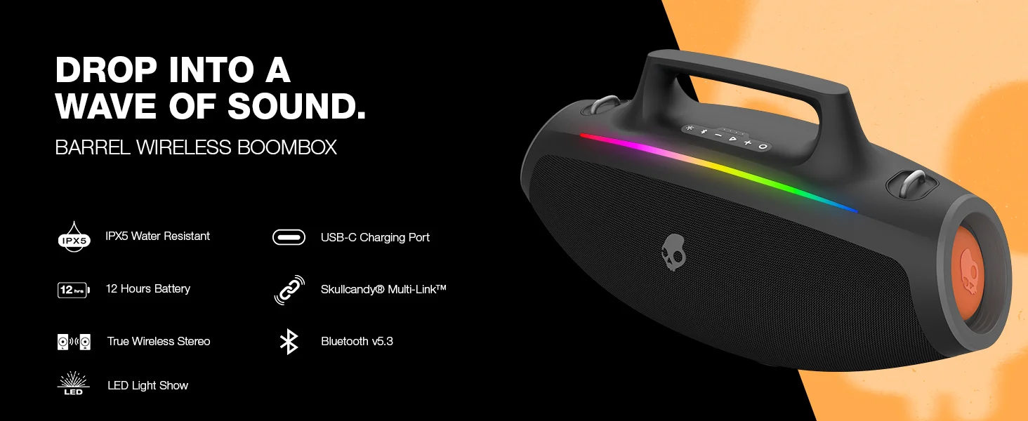مكبر صوت بومبوكس Skullcandy Barrel بلوتوث مع عرض إضاءة LED وبطارية حتى 12 ساعة - أسود - Image 9