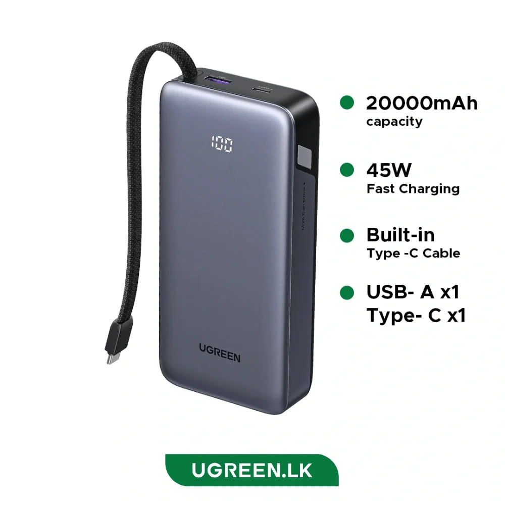 Ugreen 55988B Nexode Power Bank 20000mAh 45W with Built-In USB-C Cable - Image 3