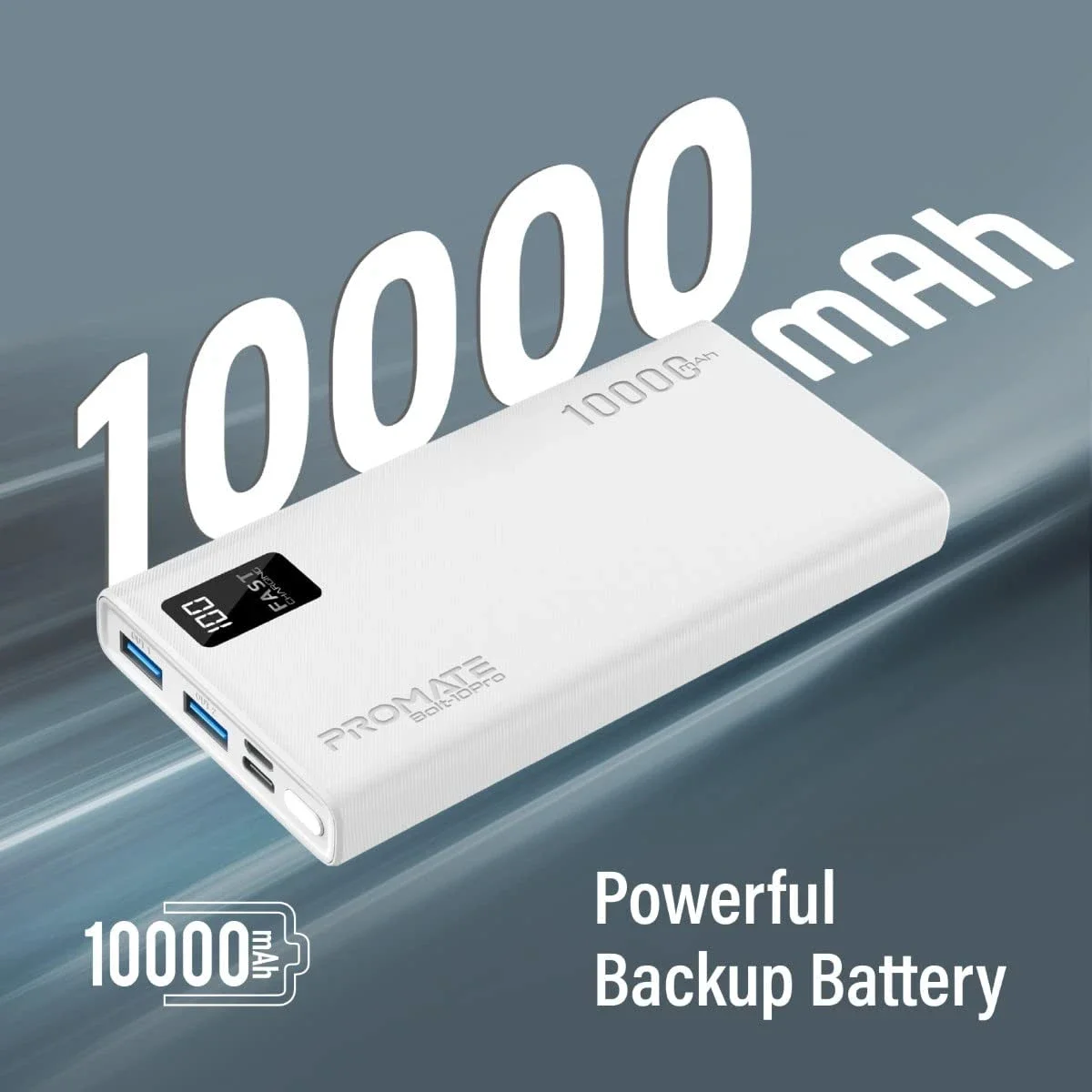 Promate Bolt-10Pro 10000mAh Ultra-Slim 10W Power Bank with USB-C and Dual USB - White - Thumbnail 3