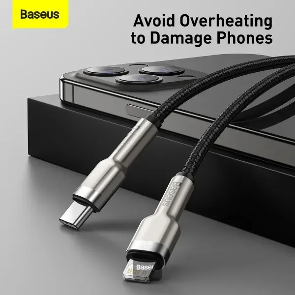 كيبل Baseus Cafule Series معدني USB إلى Lightning للشحن والبيانات PD 20W بطول 1م – أسود - Thumbnail 3