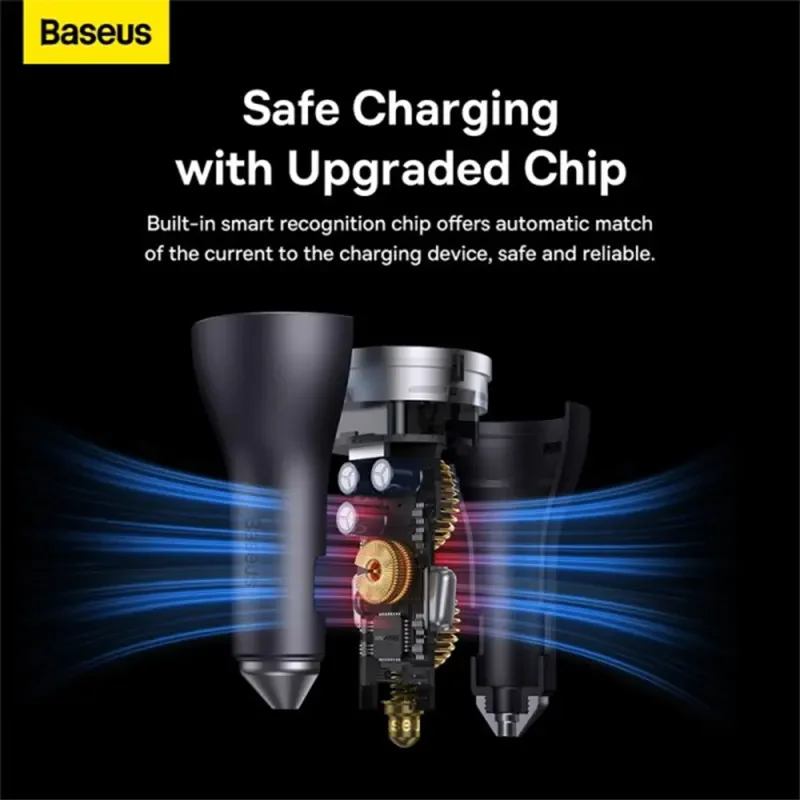 شاحن سيارة Baseus Golden Contactor Pro بقدرة 65W مع USB-A ومنفذين USB-C – رمادي داكن - Thumbnail 7