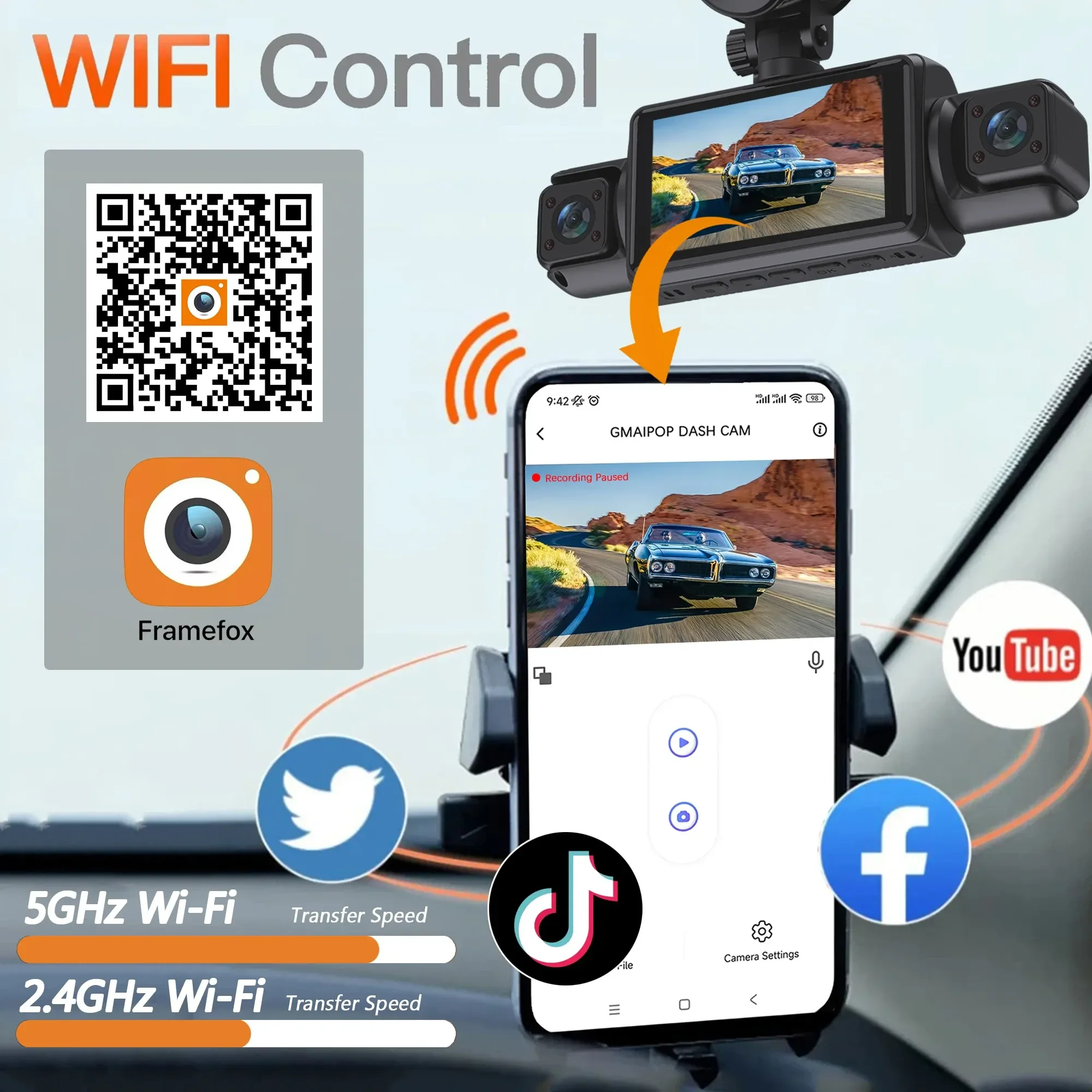 داش كام GMAIPOP للسيارة 4 قنوات WiFi بدقة FHD 1080P مع رؤية ليلية وتسجيل متكرر وطقم توصيل كهربائي - Image 6