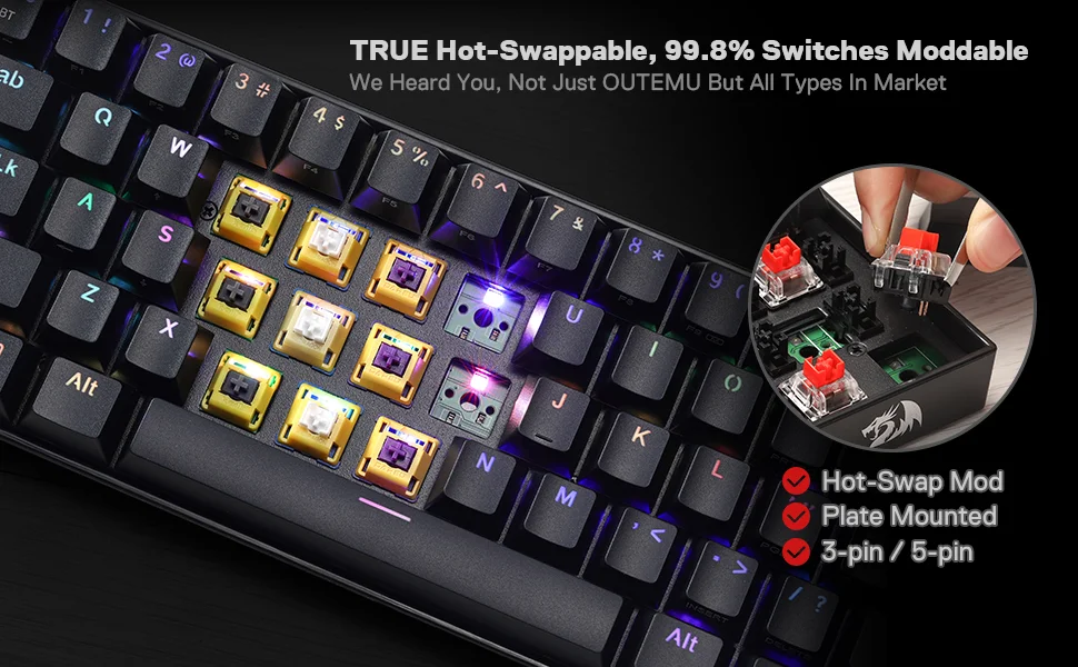 Redragon K530 Pro Draconic 60% Wireless RGB Mechanical Gaming Keyboard, 61 Keys, Brown Switches, Black - Thumbnail 11
