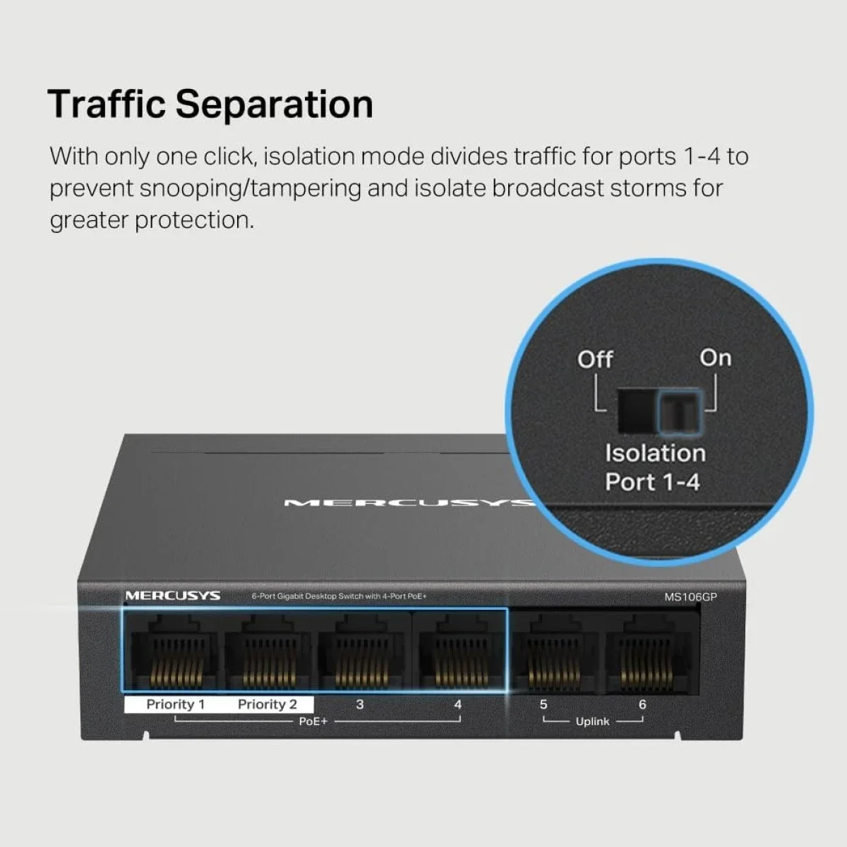 MERCUSYS MS106GP 6-Port Gigabit Switch, 4 PoE+ Ports, 65W Budget, 2 Uplinks, 250m PoE, Auto Recovery, Isolation Mode - Image 8