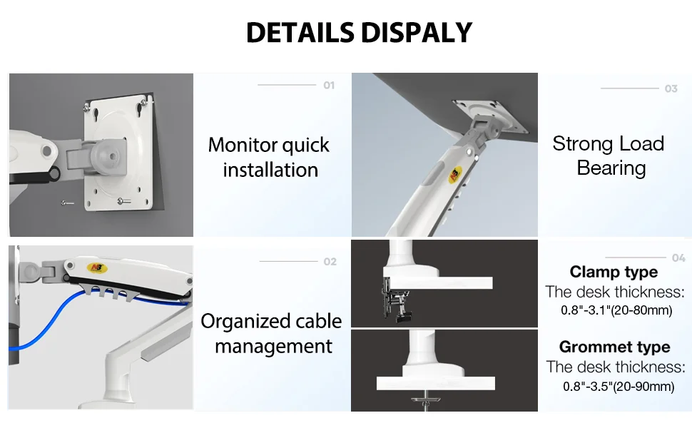 North Bayou F160 Dual Monitor Arm with Gas Spring for 17–27 Inch Monitors, White - Image 10
