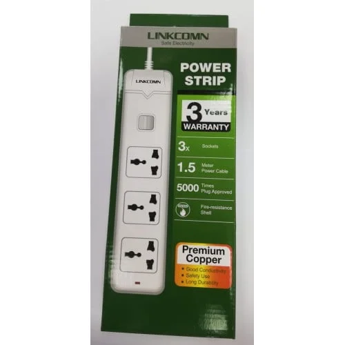 LINKCOMN LC-PS301 Power Strip, 3 Sockets, 1.5m Power Cord