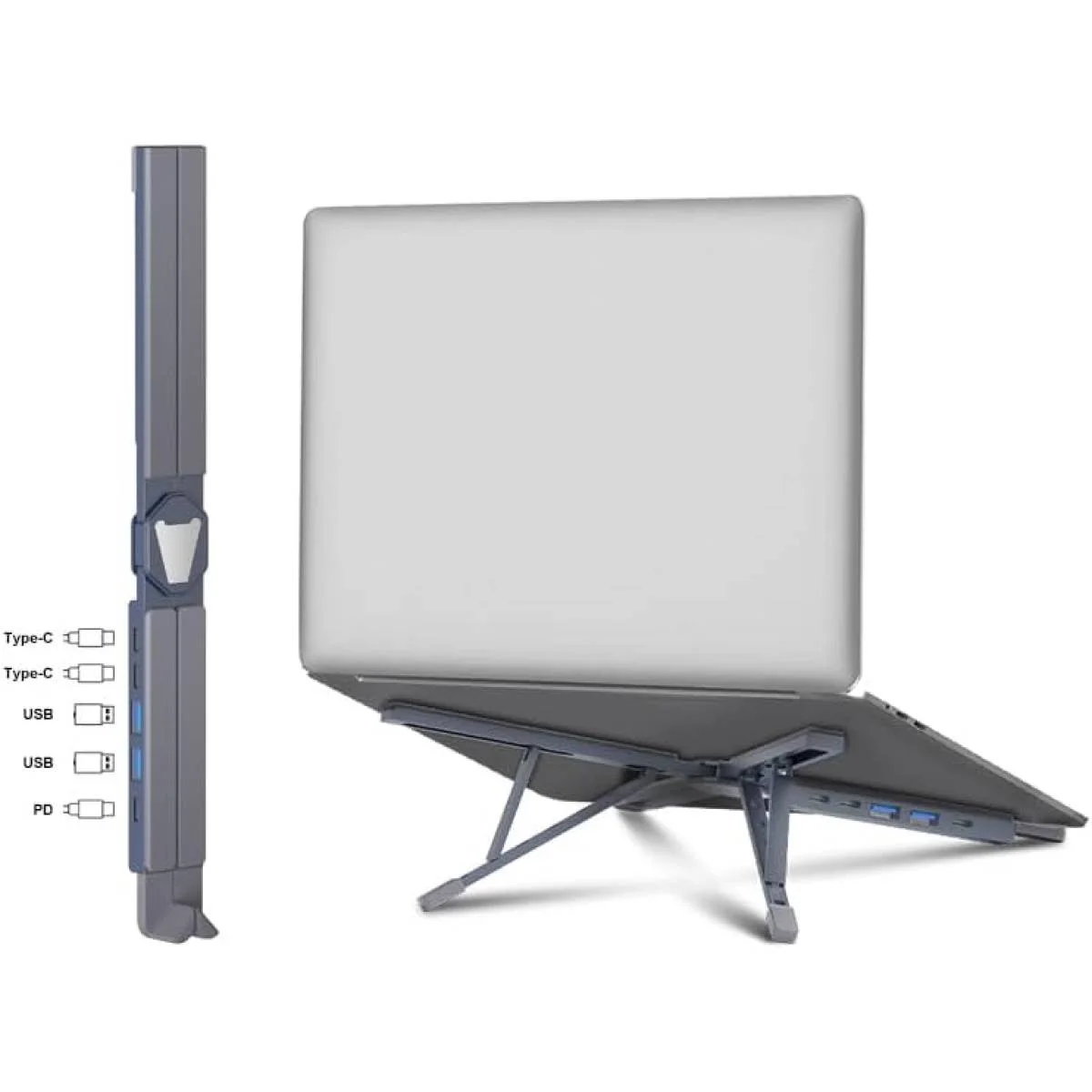 Ugreen Adjustable Foldable Laptop Stand with Hidden Docking Station, USB-C Ports and USB PD, Grey - Image 2