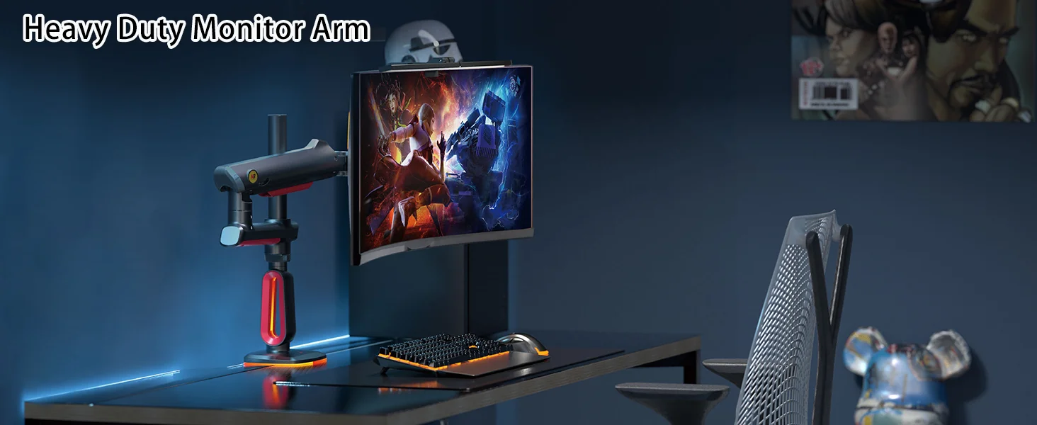 ذراع شاشة North Bayou L70 للألعاب بإضاءة RGB، 32–60 إنش، VESA 75/100 مم، تثبيت مكتبي قوي حتى 20 كغ - Thumbnail 10