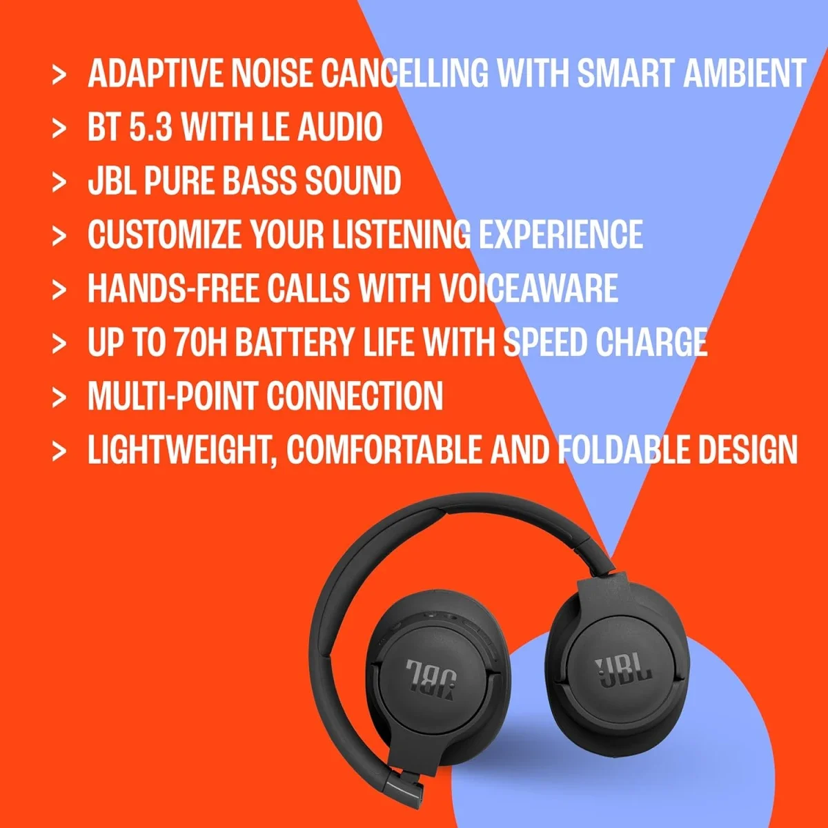 سماعات JBL Tune 770NC فوق الأذن بتقنية Bluetooth 5.3 وإلغاء الضوضاء التكيفي، أسود - Thumbnail 7