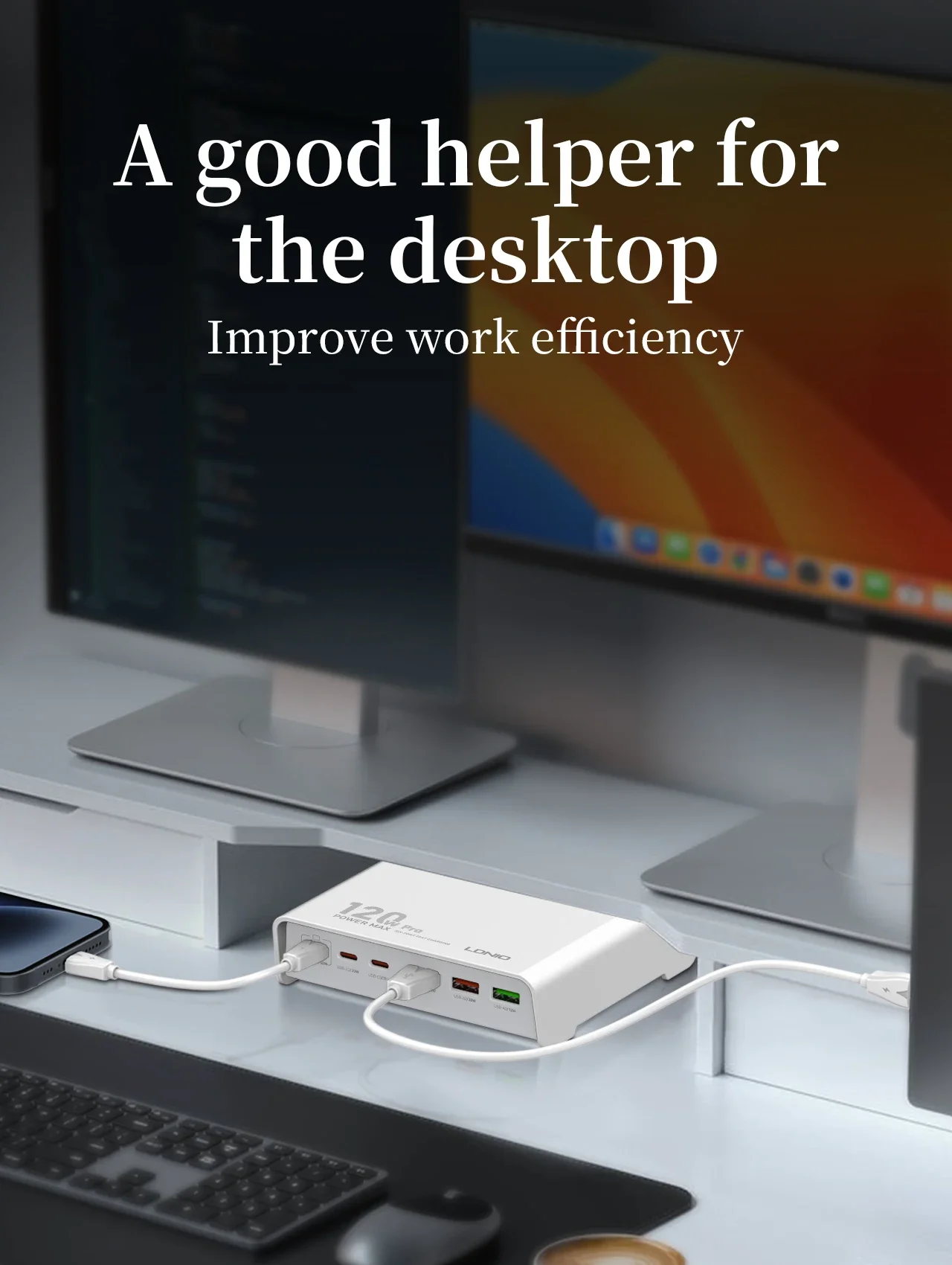 شاحن مكتبي سريع LDNIO Q605 بقدرة 120 واط و6 منافذ USB-C PD - أسود - Thumbnail 5