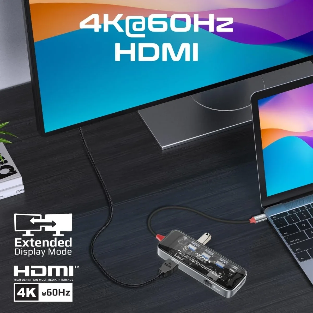 Promate TransHub-Go 9-in-1 USB-C Multiport Hub with 4K@60Hz HDMI, Gigabit LAN and 100W PD - Image 4