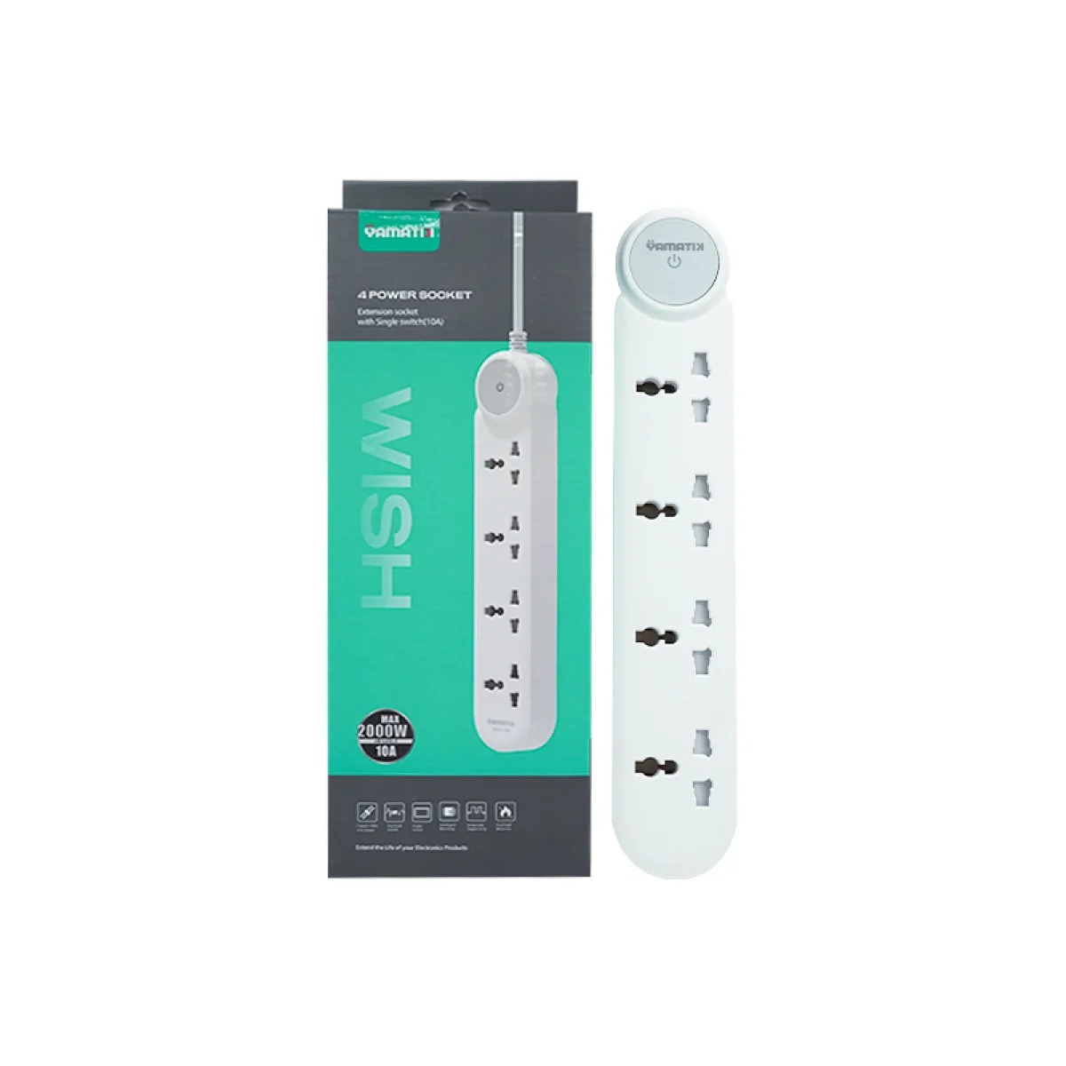 مشترك كهرباء للمكتب Yamatik WISH-104، 4 مخارج AC، كابل 2 متر، 220-250 فولت، 10 أمبير