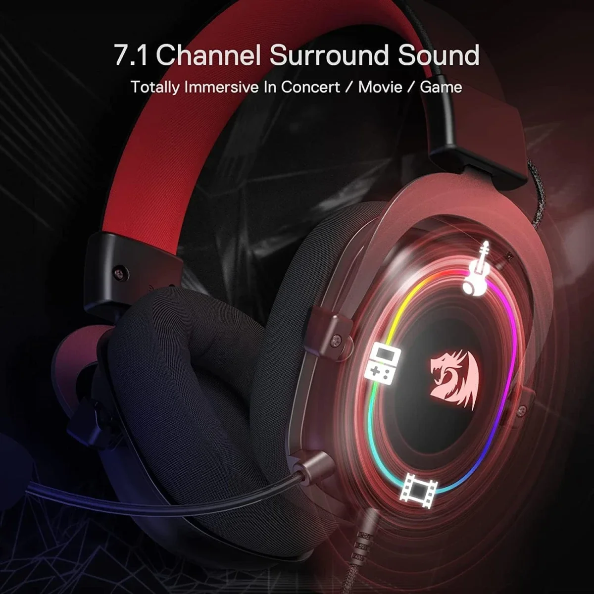 Redragon H510 Zeus-X RGB Gaming Headset with 7.1 Surround Sound and 53mm Drivers - Black - Thumbnail 7