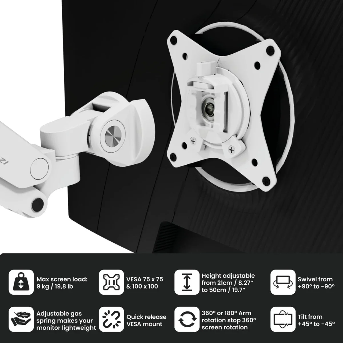 Arozzi Alzare Neo Duo Dual Gas Spring Monitor Arm, Up to 9kg, White - Image 5