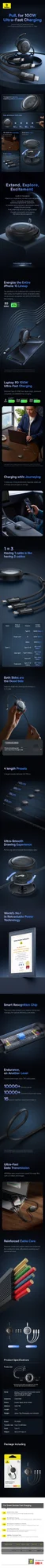 كابل شحن سريع Baseus Free2Draw Retractable Crystal قابل للسحب Type-C إلى Micro USB + Lightning + Type-C بقدرة 100W بطول 1.1m لون Cluster Black - Thumbnail 8