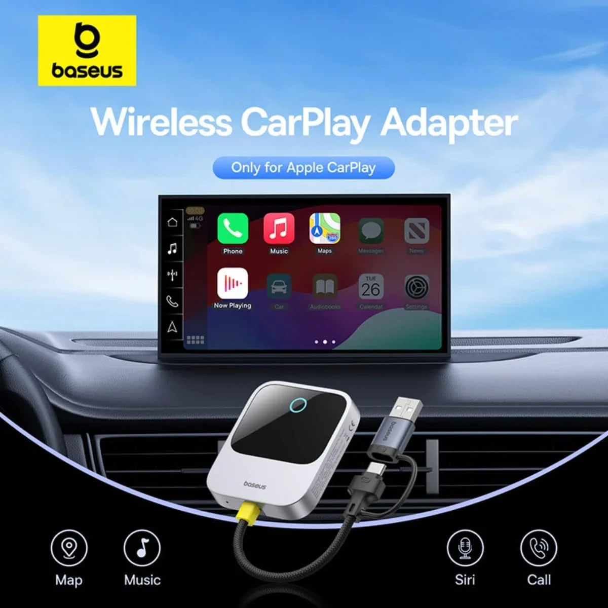Baseus PrimeTrip Wireless CarPlay Adapter for iPhone, Grey - Thumbnail 4