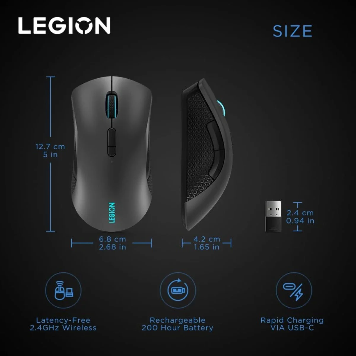 Lenovo Legion M600 Wireless Gaming Mouse - Iron Grey and Black - Image 8