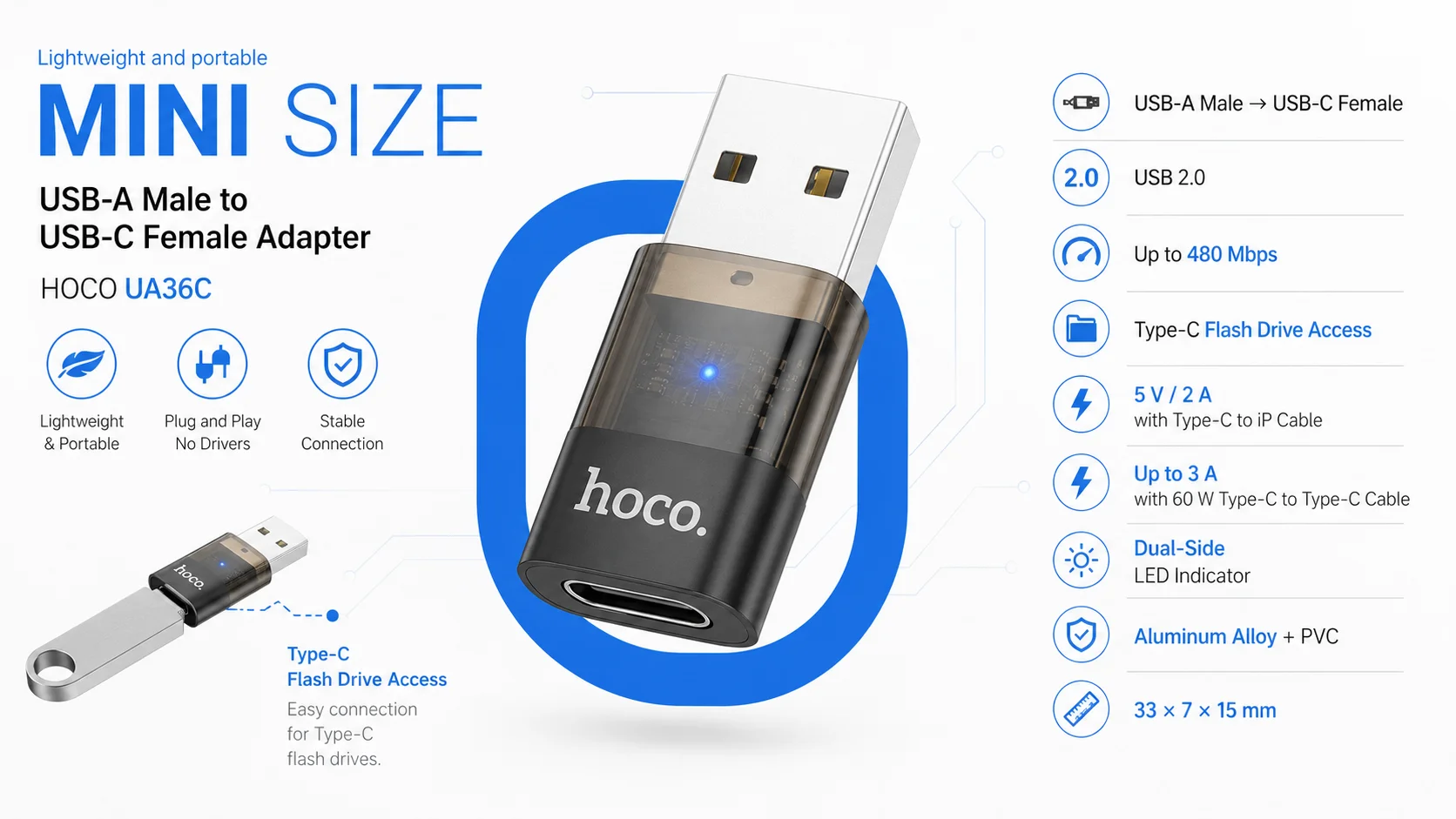 محول HOCO UA36C من USB-A إلى USB-C أنثى بسرعة 480Mbps و3A - Thumbnail 6