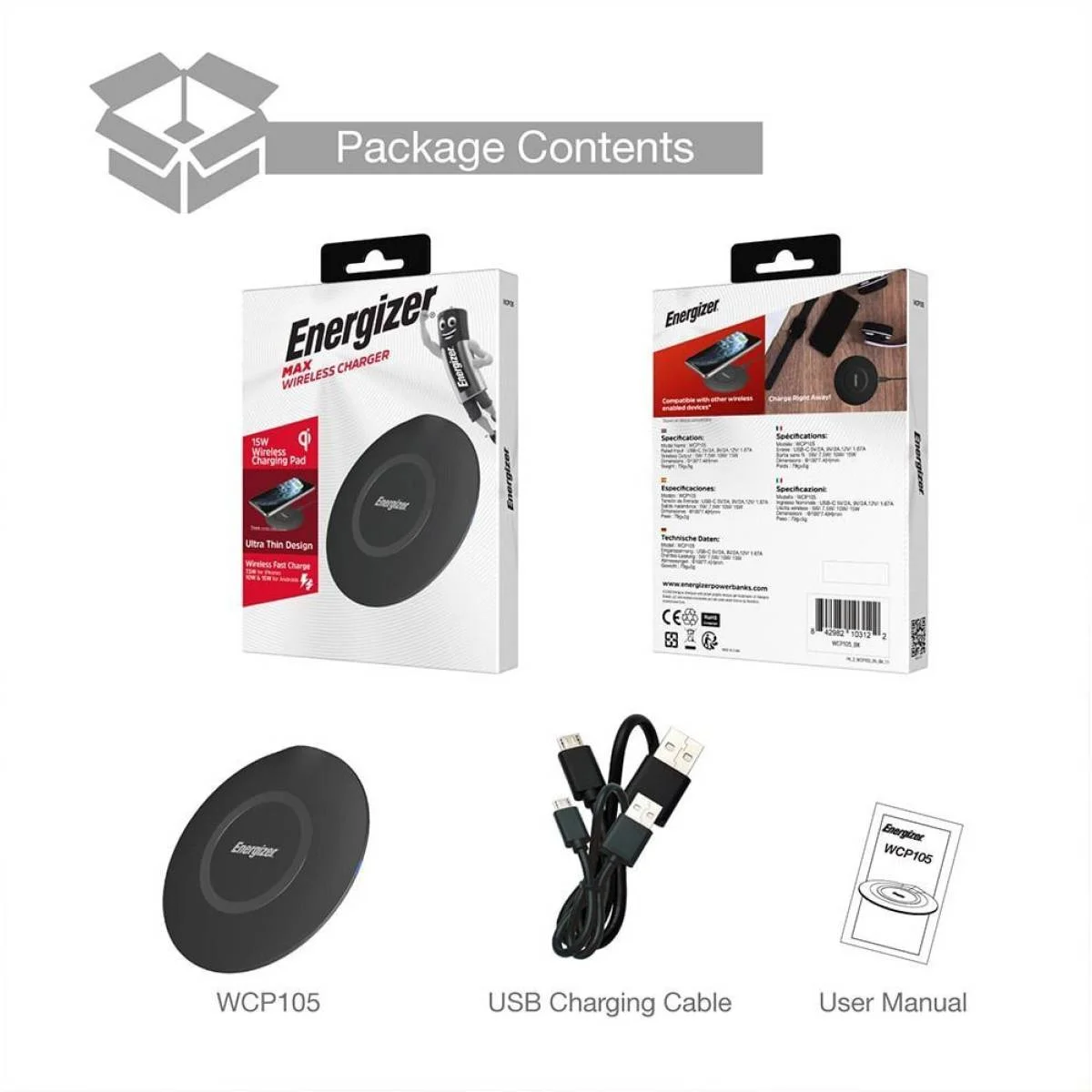 قاعدة شحن لاسلكي Energizer WCP105 بقوة 15W Qi - أسود - Image 8