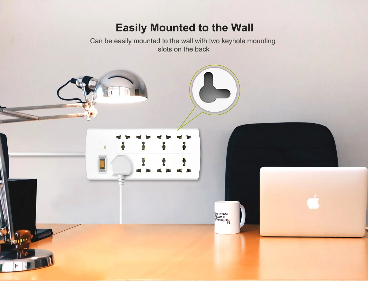 Huntkey PZA801 Universal Power Strip, 8 Outlets, 3m, White - Thumbnail 9