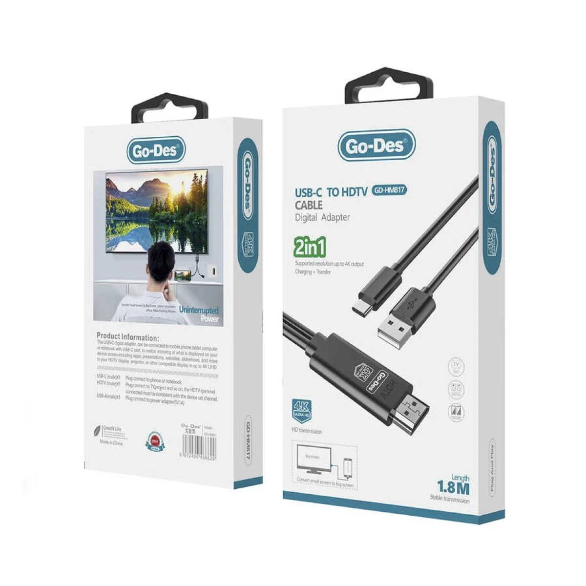 GO-DES GD-HM817 USB-C to HDMI 4K UHD Cable, 1.8m - Black - Image 2