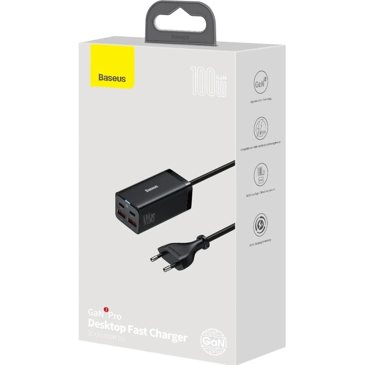 شاحن مكتبي Baseus GaN3 Pro GaN بقوة 100 واط و4 منافذ، 2 USB-C و2 USB-A، أسود - Thumbnail 7